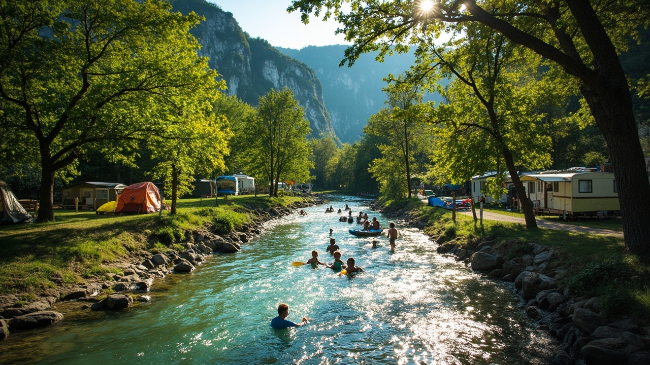 Camping en riviere en Ardèche nature verdoyante  
Camping bord de rivière en Ardèche paysage paisible